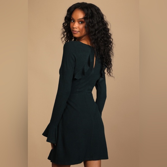 NWT Lulus | Favorite Tune Black Sweater Flounce Sleeve Wrap Dress Size Large - Picture 5 of 10